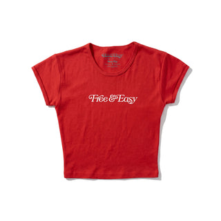 Red t-shirt with 'Free & Easy' text on a white background