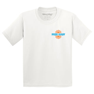 White t-shirt with 'Free & Easy' logo on a white background