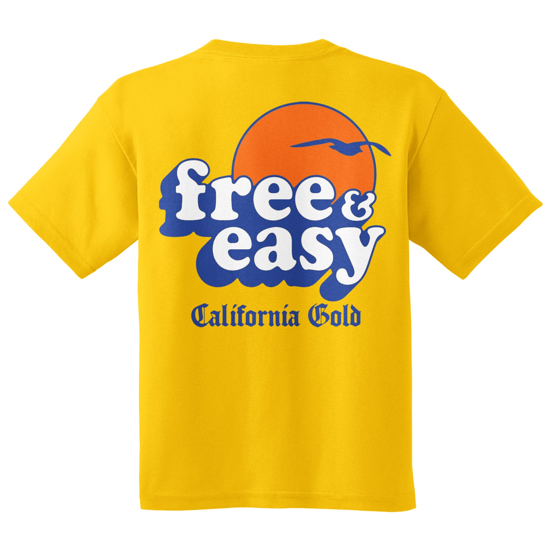 Baja Sun Kids Tee in yellow with white navy and orange Free & Easy California Gold sun bird design on a white background, back - Free & Easy