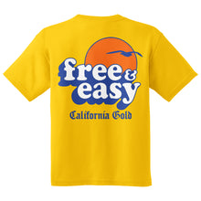 Load image into Gallery viewer, Baja Sun Kids Tee in yellow with white navy and orange Free &amp; Easy California Gold sun bird design on a white background, back - Free &amp; Easy
