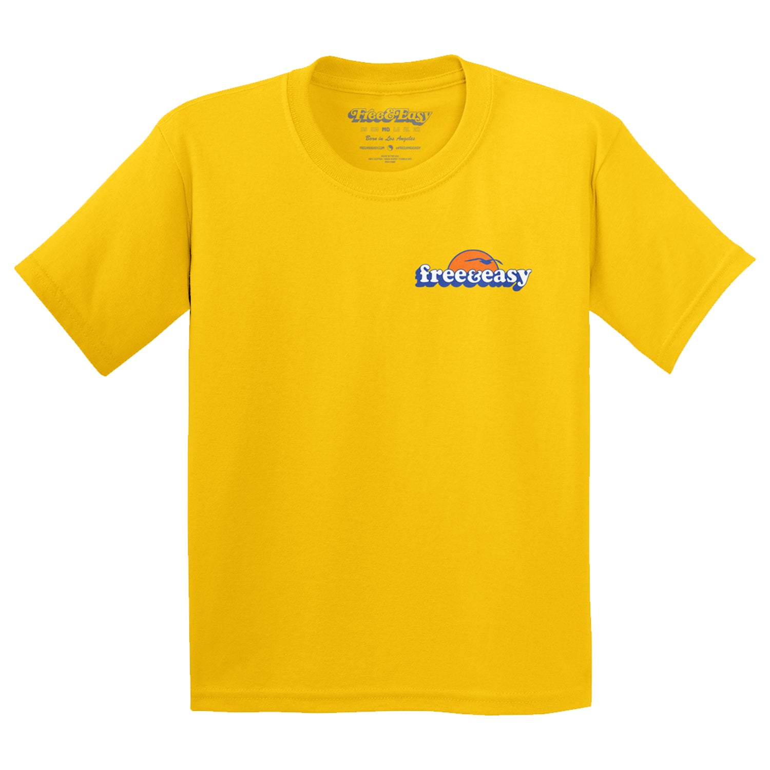 Baja Sun Kids Tee in yellow with white navy and orange Free & Easy sun bird design on a white background, front - Free & Easy
