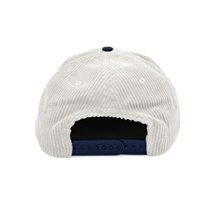 Rainbow Two Tone White and Navy Fat Corduroy Snapback Hat with rainbow embroidery and navy Free & Easy logo on a white background, back - Free & Easy