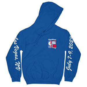 Free & Easy x NBA Con 2023 Don't Trip OG Hoodie in blue with white, red, and blue NBA Free & Easy logo on front left chest and sleeves on white background - Free & Easy