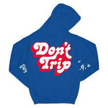 Load image into Gallery viewer, Free &amp; Easy x NBA Con 2023 Don&#39;t Trip OG Hoodie in blue with white and red Don&#39;t Trip logo on back on white background - Free &amp; Easy
