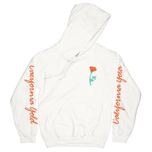 Load image into Gallery viewer, Poppy OG Hoodie in white with teal and orange poppy design on left chest and orange California Gold on the sleeves on a white background - Free &amp; Easy
