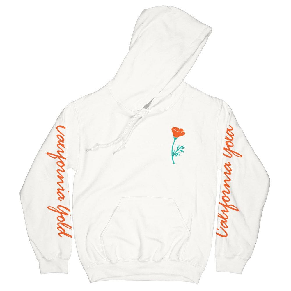 Poppy OG Hoodie in white with teal and orange poppy design on left chest and orange California Gold on the sleeves on a white background - Free & Easy