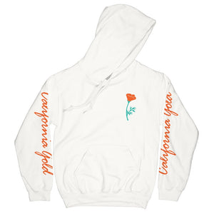 Poppy OG Hoodie in white with teal and orange poppy design on left chest and orange California Gold on the sleeves on a white background - Free & Easy
