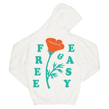 Load image into Gallery viewer, Poppy OG Hoodie in white with teal and orange Free &amp; Easy poppy design on back on a white background - Free &amp; Easy
