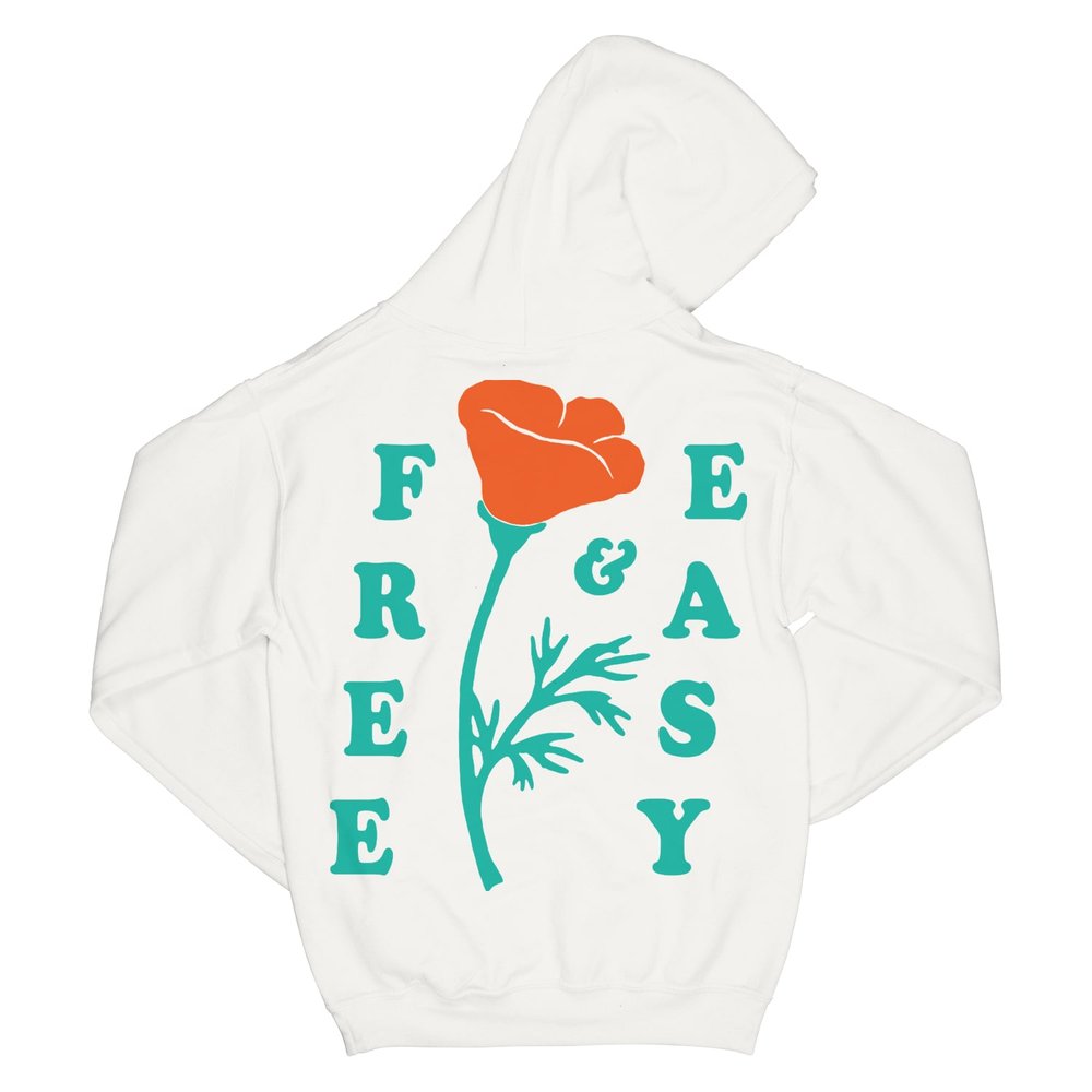 Poppy OG Hoodie in white with teal and orange Free & Easy poppy design on back on a white background - Free & Easy