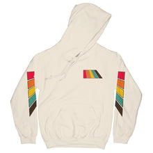 Load image into Gallery viewer, Natural Rainbow OG Hoodie in sand with rainbow design on front left chest and on sleeves on white background - Free &amp; Easy
