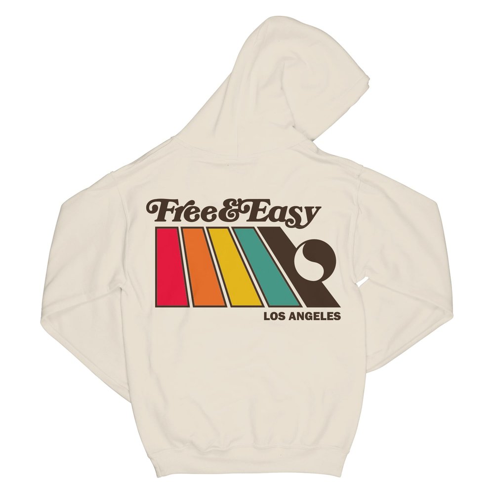 Natural Rainbow OG Hoodie in sand with brown Free & Easy logo with rainbow design on back on white background - Free & Easy