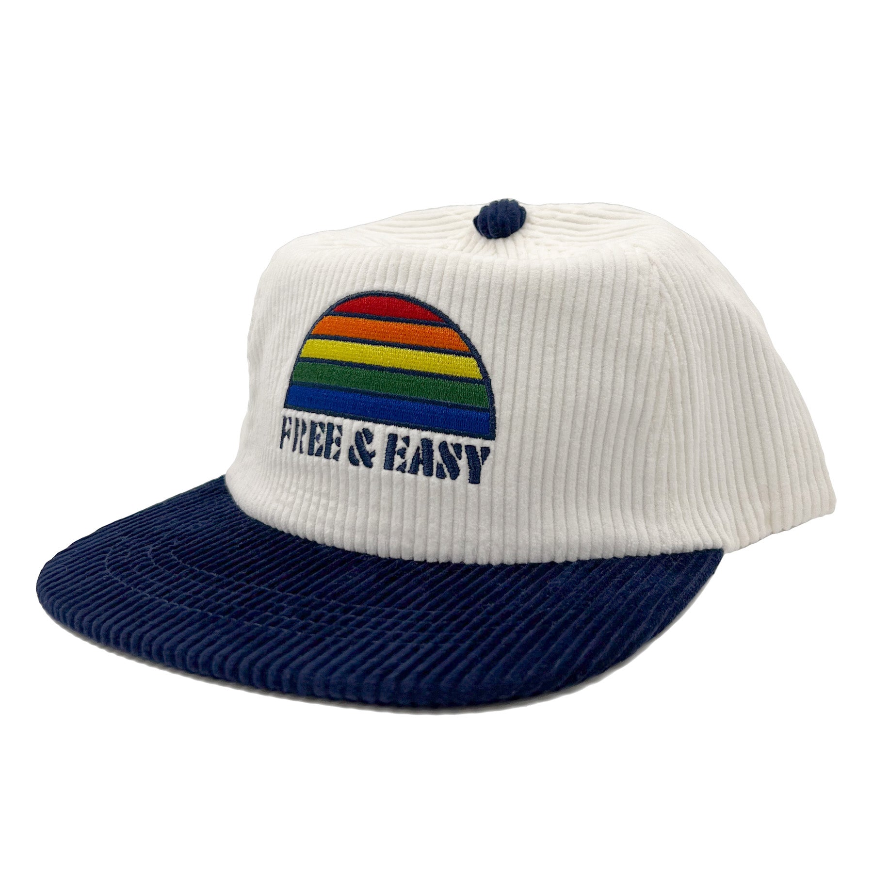 Rainbow Two Tone White and Navy Fat Corduroy Snapback Hat with rainbow embroidery and navy Free & Easy logo on a white background - Free & Easy