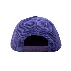 Don't Trip purple corduroy hat with white and yellow embroidered Don't Trip logo and yellow LA logo on a white background, back - Free & Easy