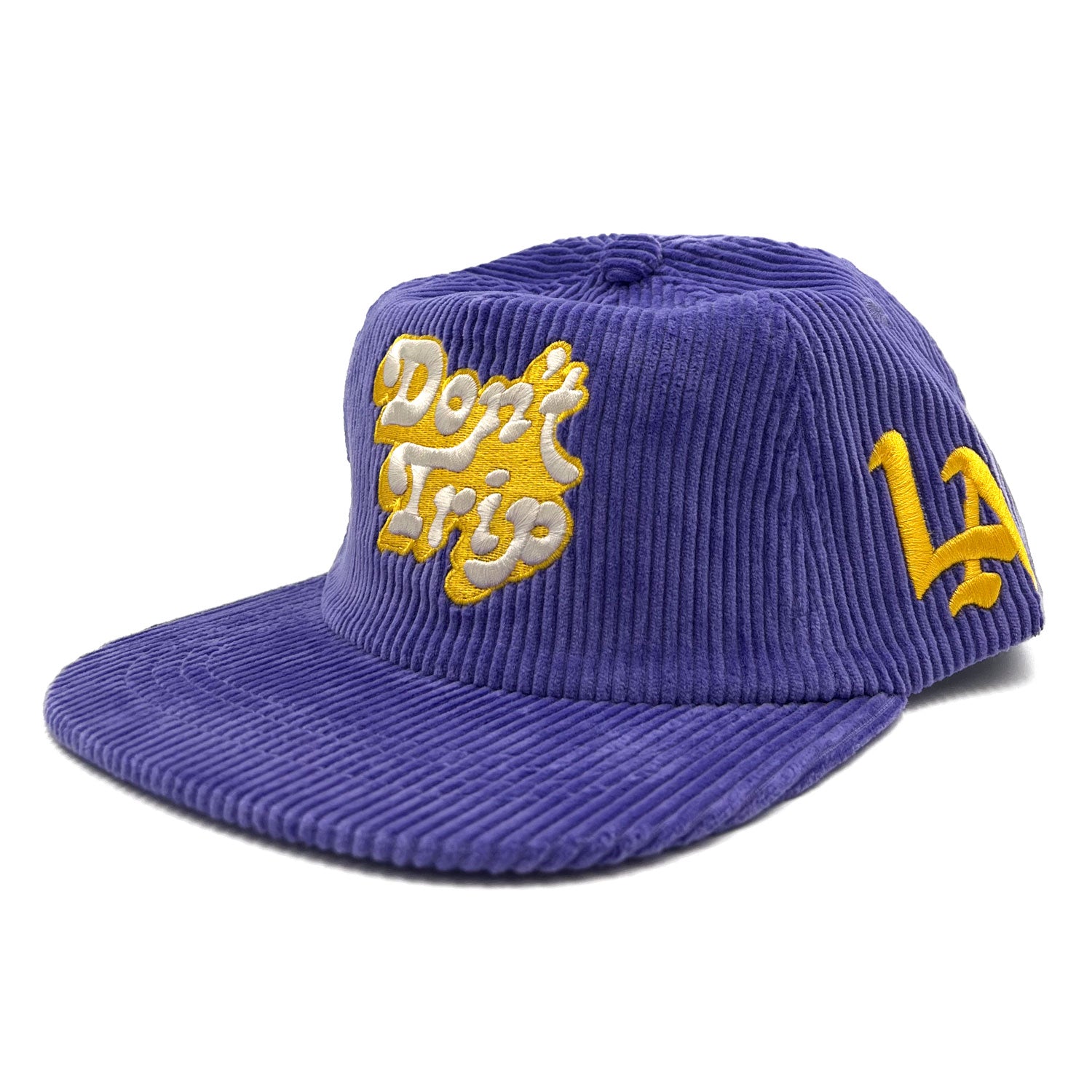 Don't Trip purple corduroy hat with white and yellow embroidered Don't Trip logo and yellow LA logo on a white background, front - Free & Easy