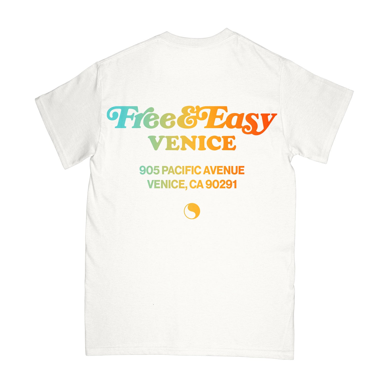 Venice Shop SS Pocket Tee in white with multicolor graphic design on a white background -Free & Easy