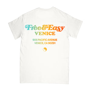 Venice Shop SS Pocket Tee in white with multicolor graphic design on a white background -Free & Easy