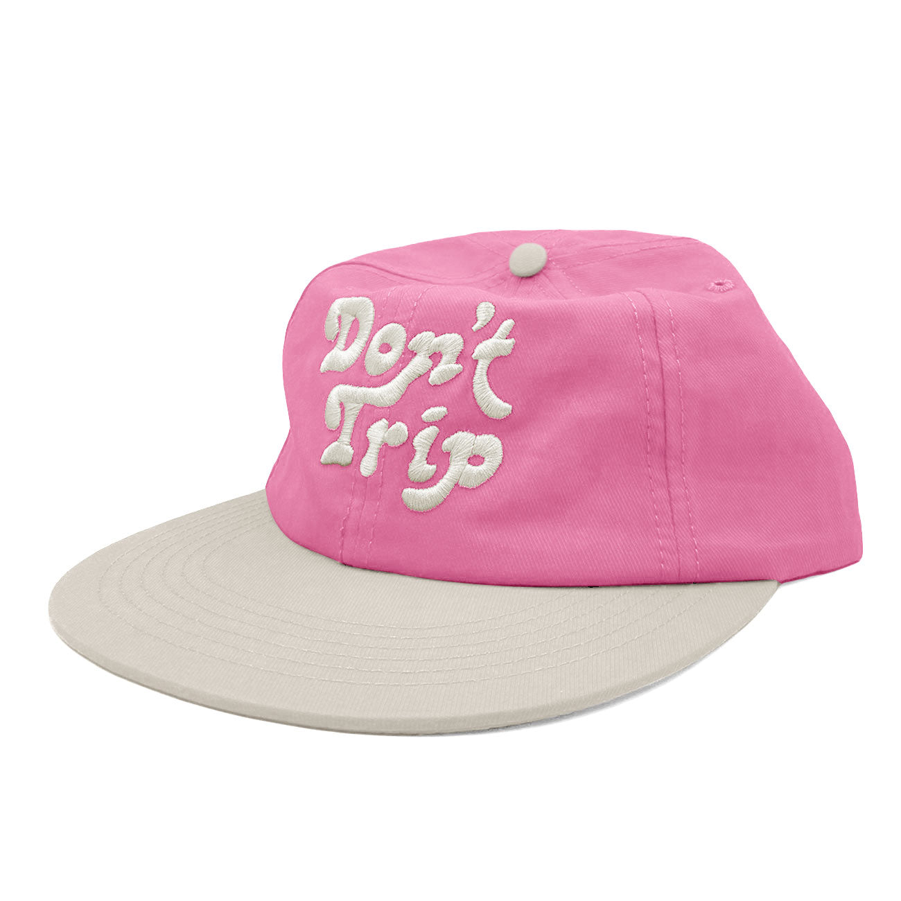 Don't Trip pink hat white brim with white embroidered Don't Trip logo on white background, front - Free & Easy