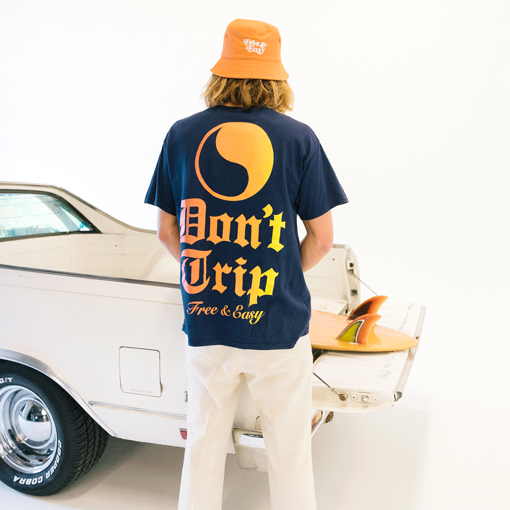 Olde English SS Tee in navy with multicolor design -Free & Easy