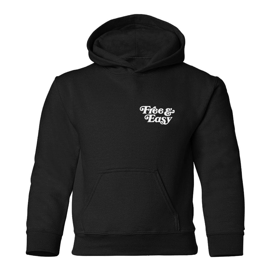 Don't Trip Kids Hoodie in black with white Free & Easy logo on left front chest on a white background - Free & Easy