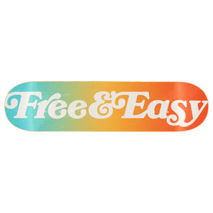 Sunset Skateboard Deck with rainbow gradient and white Free & Easy logo on a white background -Free & Easy