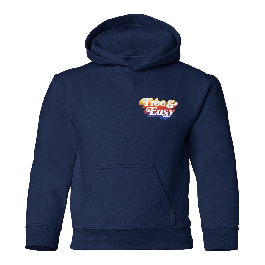 Don't Trip Drop Shadow Kids Hoodie in navy with white and multicolor gradient Free & Easy logo on front left chest on a white background - Free & Easy