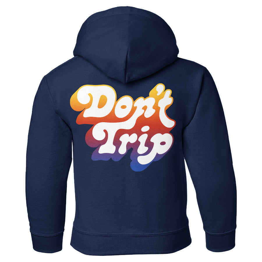 Don't Trip Drop Shadow Kids Hoodie in navy with white and multicolor gradient Don't Trip logo on back on a white background - Free & Easy