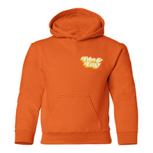 Load image into Gallery viewer, Don&#39;t Trip Drop Shadow Kids Hoodie in orange with white and yellow Free &amp; Easy logo on left front chest on white background - Free &amp; Easy
