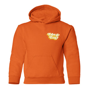 Don't Trip Drop Shadow Kids Hoodie in orange with white and yellow Free & Easy logo on left front chest on white background - Free & Easy