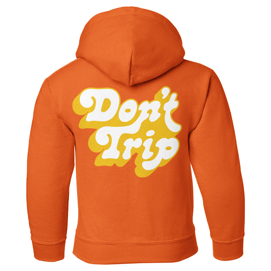 Don't Trip Drop Shadow Kids Hoodie in orange with white and yellow Don't Trip logo on back on white background - Free & Easy