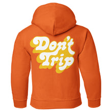 Load image into Gallery viewer, Don&#39;t Trip Drop Shadow Kids Hoodie in orange with white and yellow Don&#39;t Trip logo on back on white background - Free &amp; Easy
