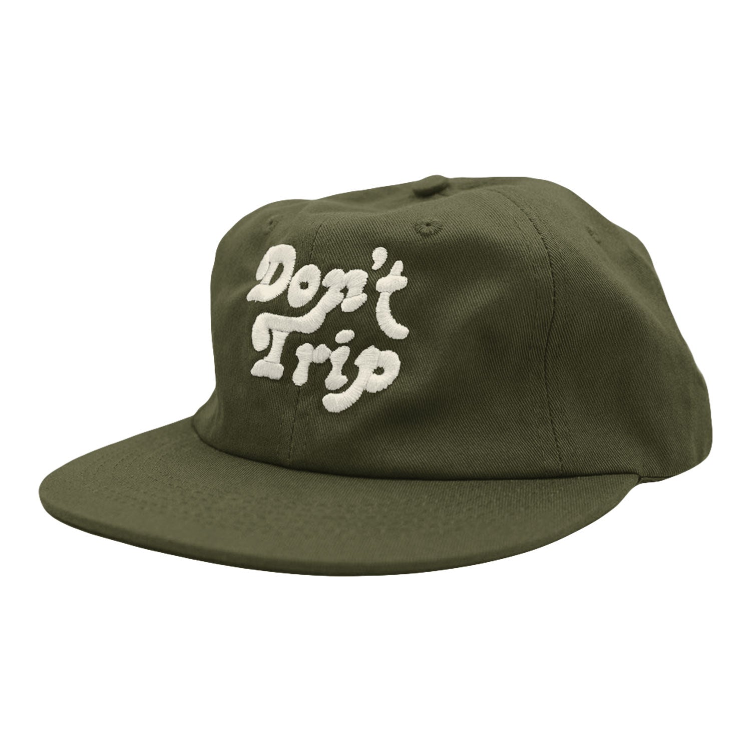 Don't Trip Strapback Hat in Olive with white Don't Trip embroidery on a white background -Free & Easy