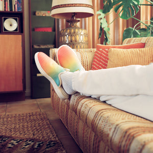 F&E x Lusso Cloud Pelli gradient multicolor slippers on feet - Free & Easy