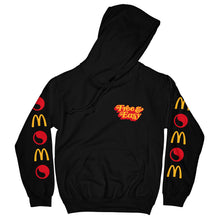 Load image into Gallery viewer, Camp McDonalds Be Happy OG Hoodie in black with yellow and red Free &amp; Easy logo on left front chest and logo sleeves on a white background - Free &amp; Easy
