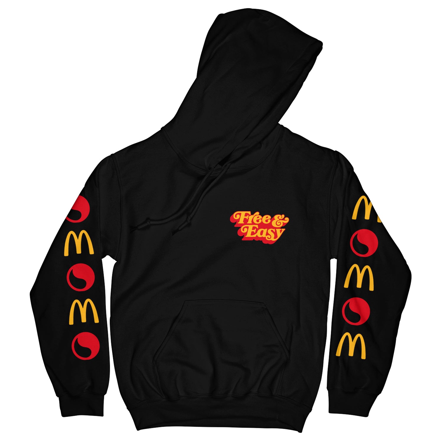 Camp McDonalds Be Happy OG Hoodie in black with yellow and red Free & Easy logo on left front chest and logo sleeves on a white background - Free & Easy