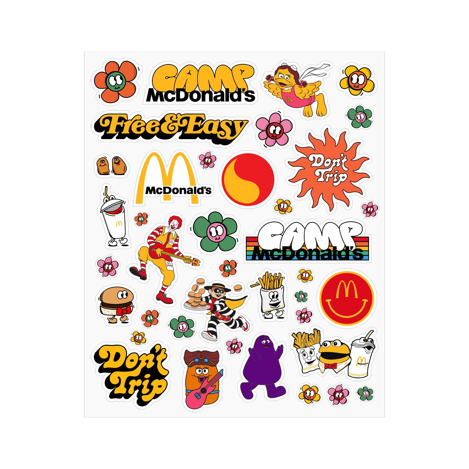 Mcdonald's Free & Easy assorted sticker sheet with 39 multicolor stickers on a white background -Free & Easy 