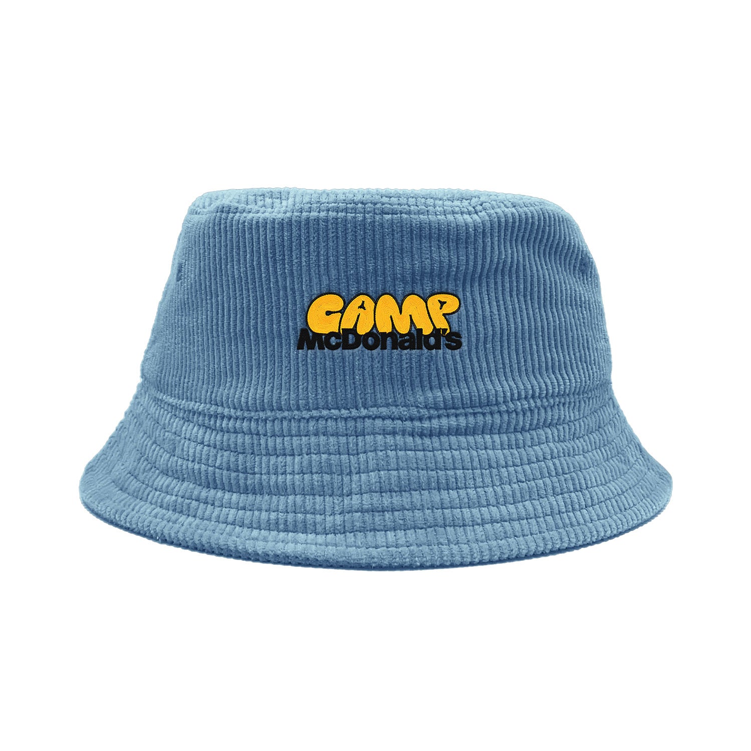 McDonalds Don't Trip Fat Corduroy Bucket Hat in blue with yellow and black Camp Mcdonalds embroidery on a white background - Free & Easy