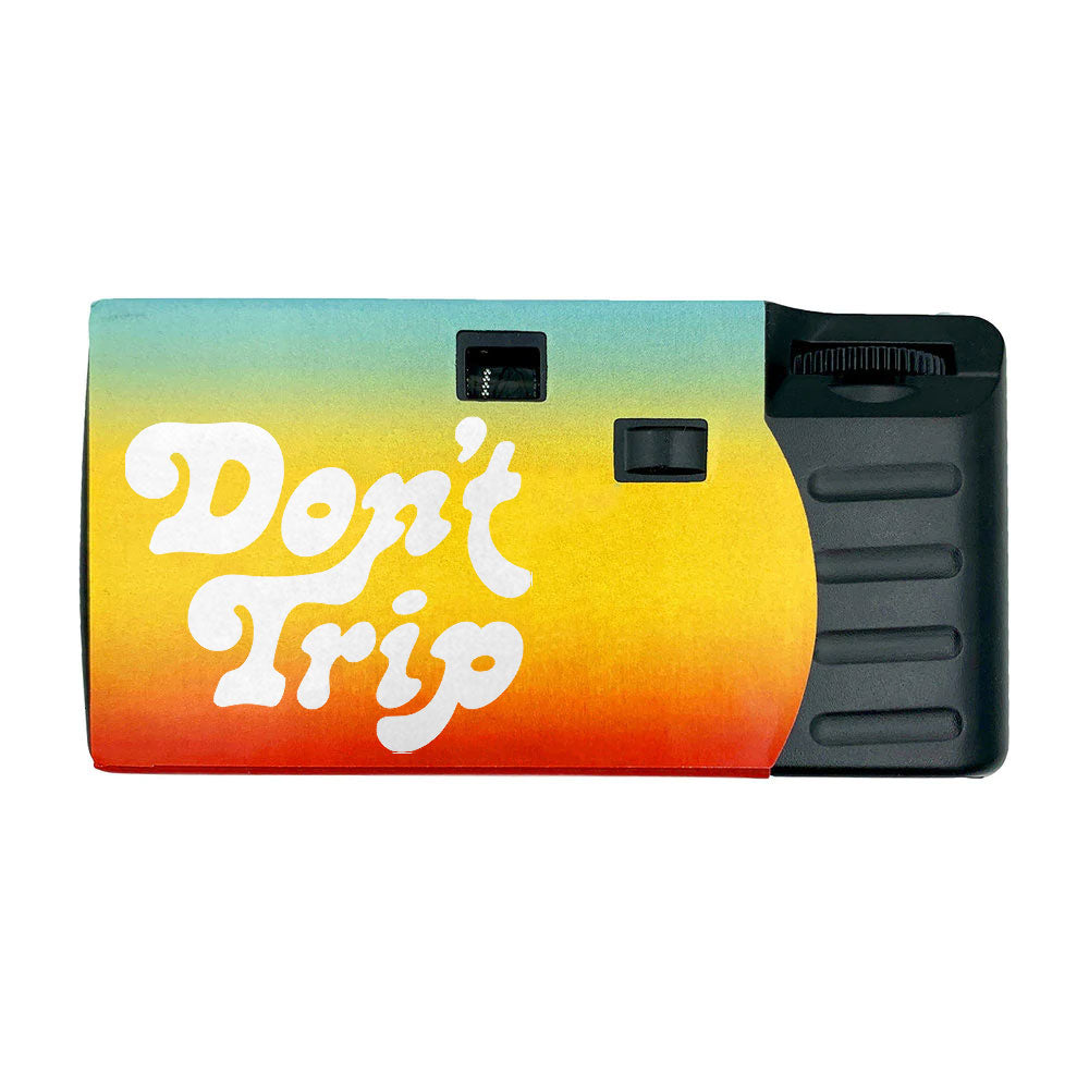 Free & Easy disposable camera black with color gradient wrap and Don't Trip logo, back view -Free & Easy