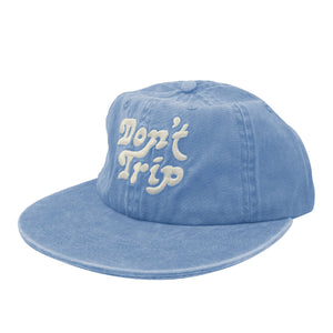 Don't Trip washed light blue hat with white embroidered Don't Trip logo on white background - Free & Easy