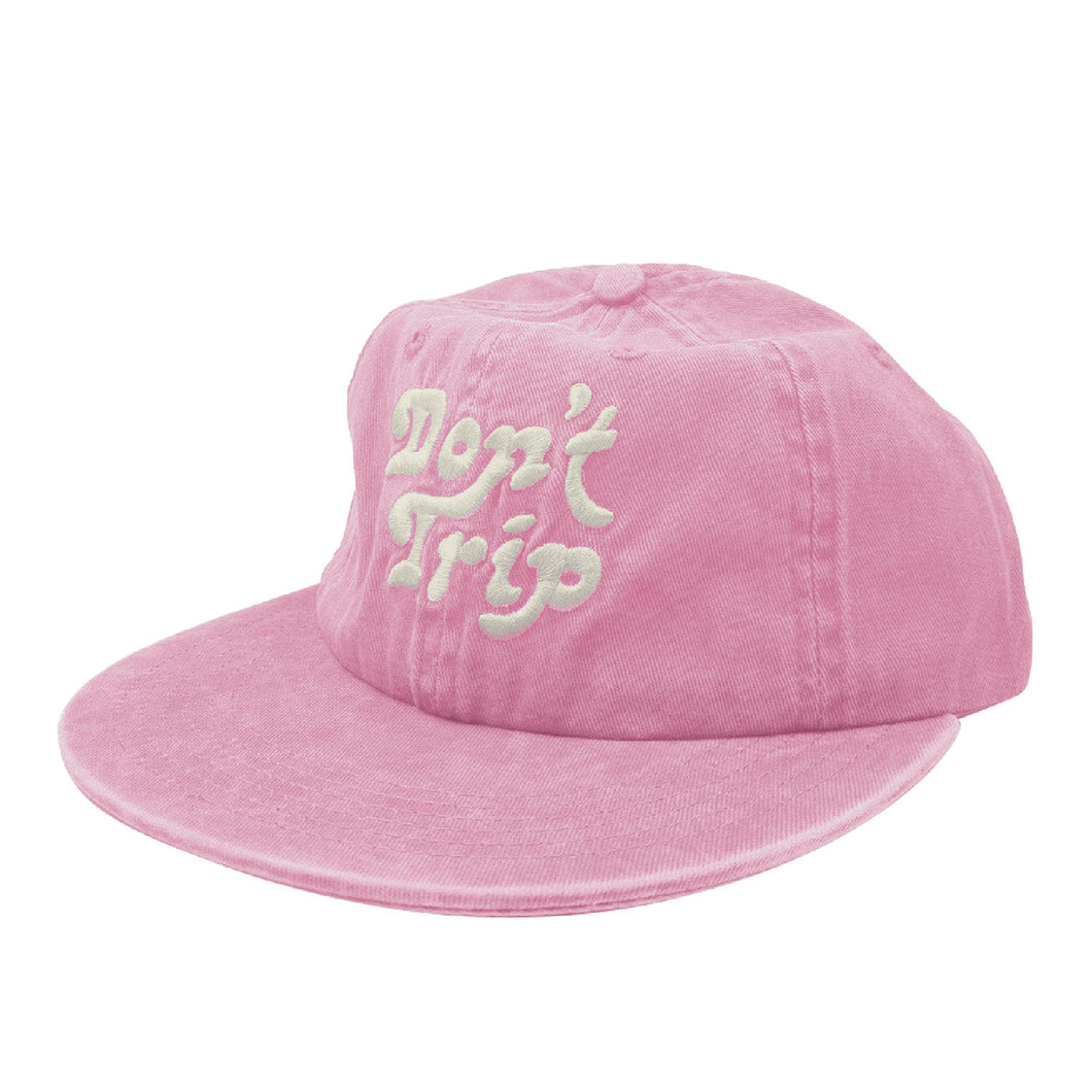 Don't Trip pink hat with white embroidered Don't Trip logo on white background - Free & Easy
