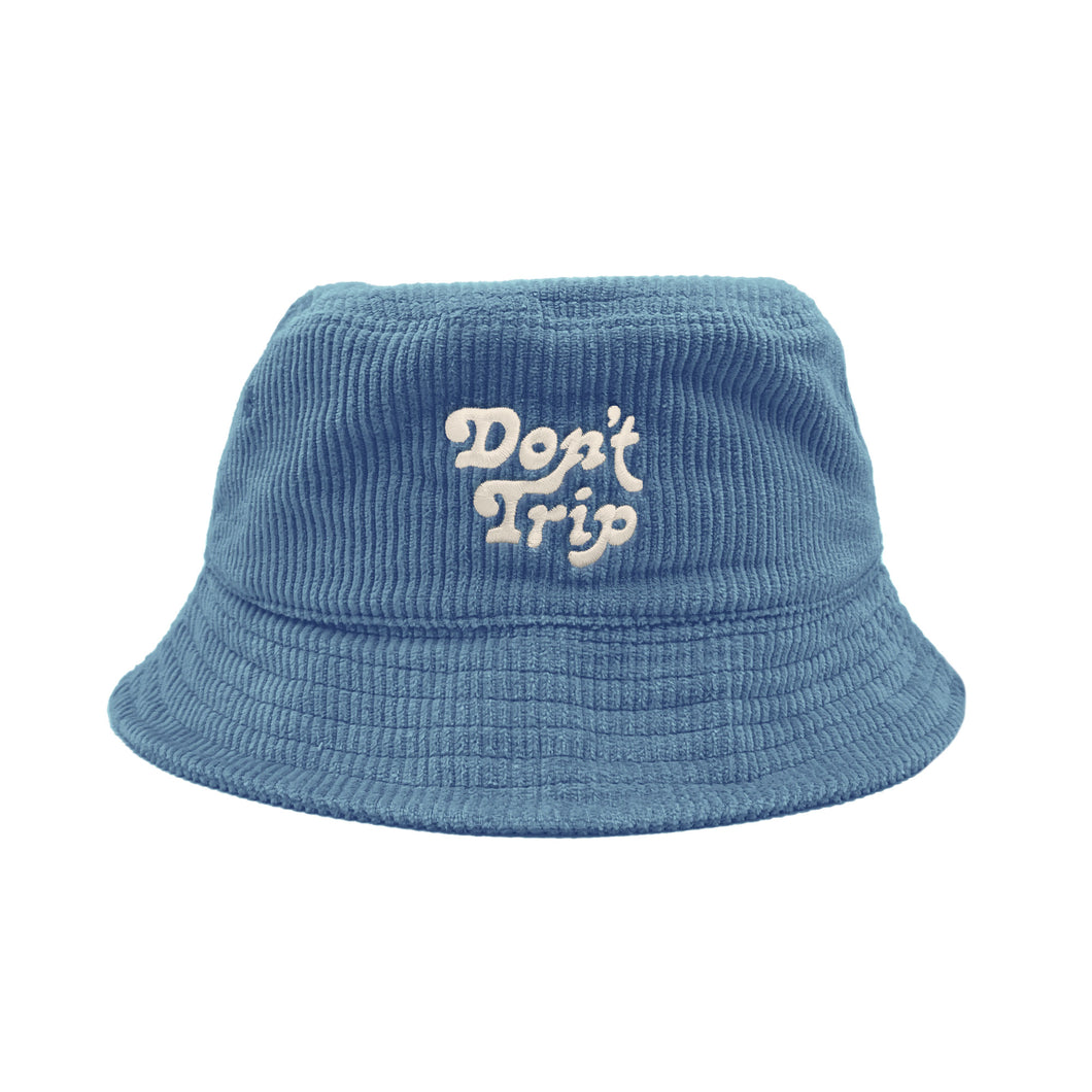 Free & Easy Don't Trip Fat Corduroy Bucket Hat in blue with white Don't Trip embroidery on a white background - Free & Easy