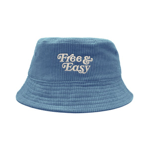 Free & Easy Don't Trip Fat Corduroy Bucket Hat in blue with white Free & Easy embroidery on a white background - Free & Easy