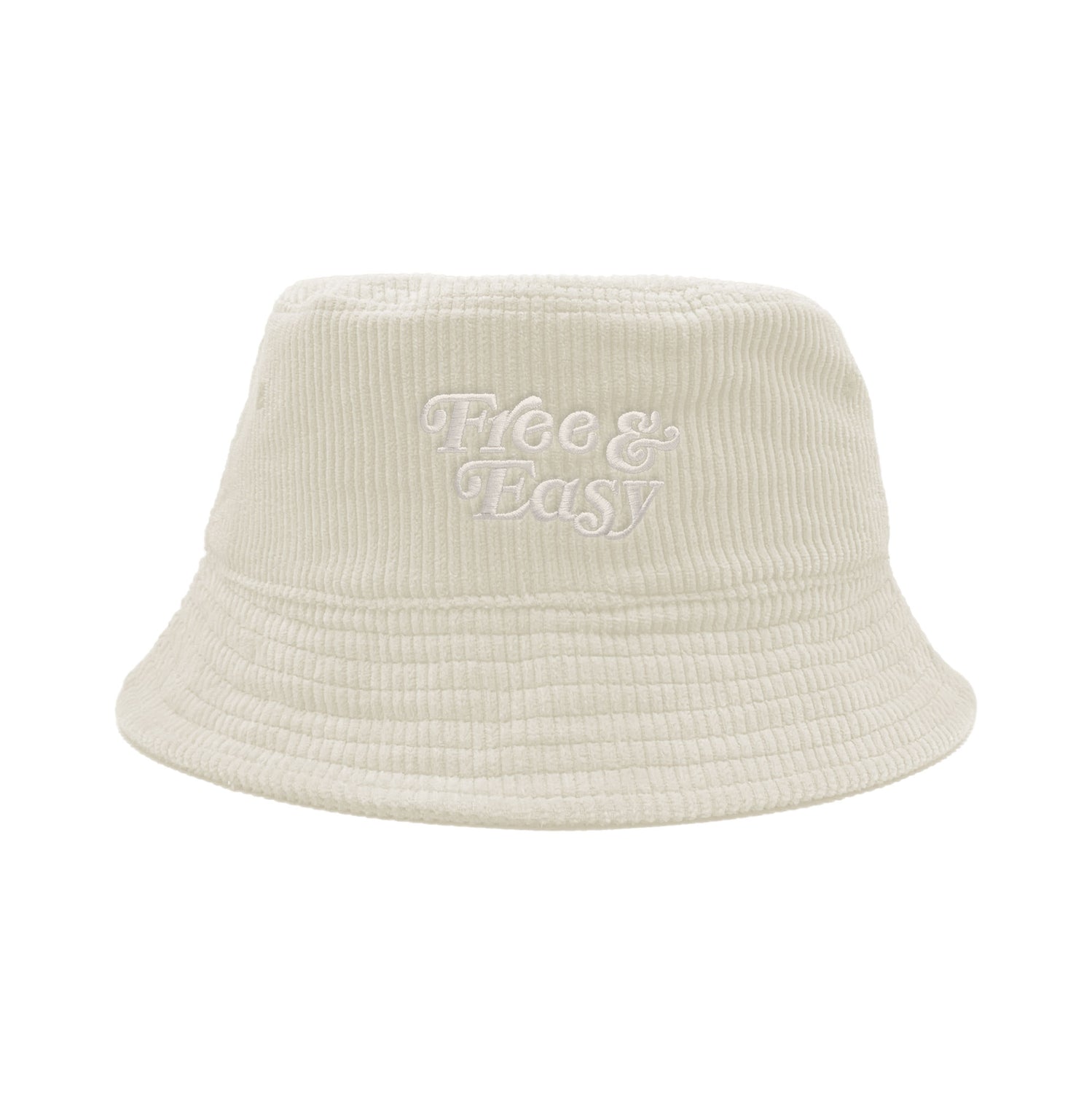 Free & Easy Don't Trip Fat Corduroy Bucket Hat in cream with white Free & Easy embroidery on a white background - Free & Easy
