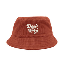 Load image into Gallery viewer, Free &amp; Easy Don&#39;t Trip Fat Corduroy Bucket Hat in red with white Don&#39;t Trip embroidery on a white background - Free &amp; Easy
