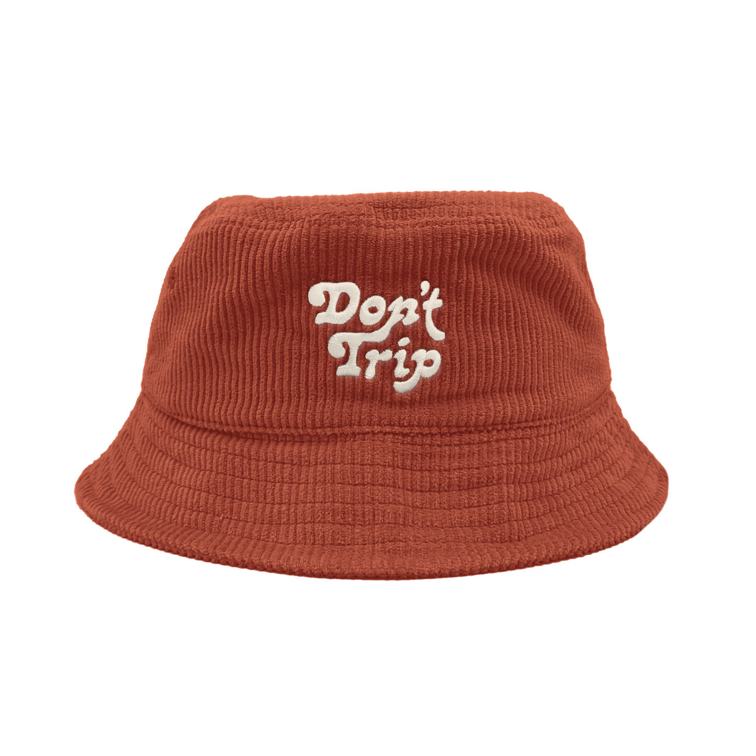 Free & Easy Don't Trip Fat Corduroy Bucket Hat in red with white Don't Trip embroidery on a white background - Free & Easy