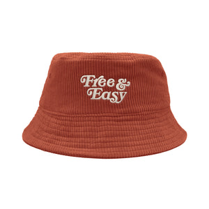 Free & Easy Don't Trip Fat Corduroy Bucket Hat in red with white Free & Easy embroidery on a white background - Free & Easy