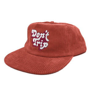 Don't Trip Fat Corduroy Snapback Hat in red with white and red Don't Trip embroidery on a white background -Free & Easy