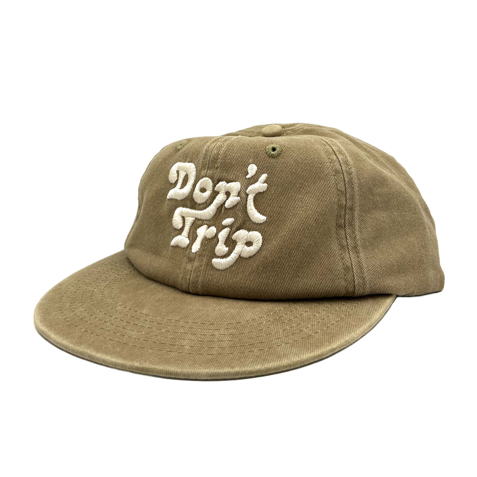 Don't Trip washed khaki hat with white embroidered Don't Trip logo on white background - Free & Easy
