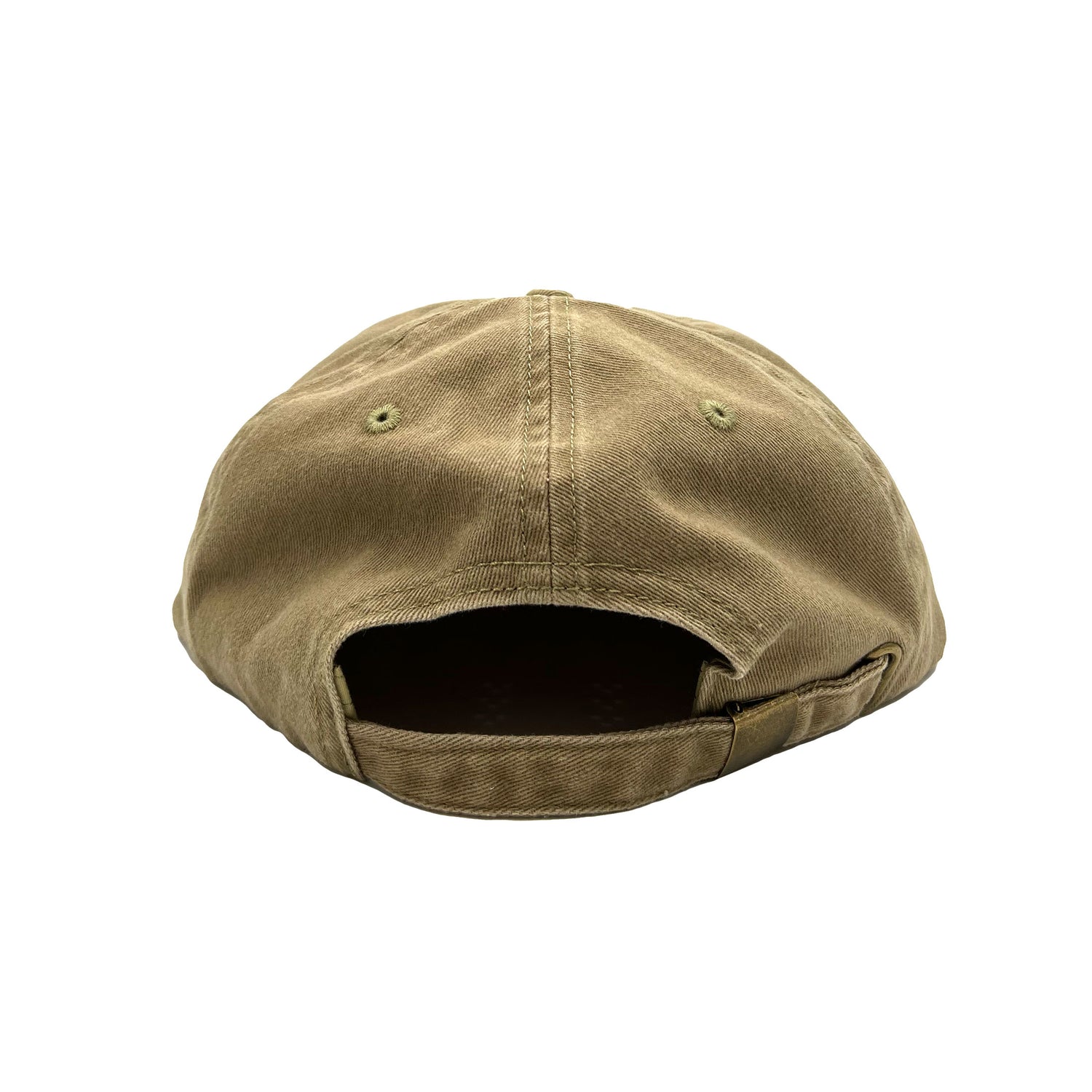 Don't Trip washed khaki hat with white embroidered Don't Trip logo on white background, back - Free & Easy