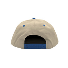 Load image into Gallery viewer, Don&#39;t Trip Two Tone Snapback Hat in natural and royal blue with blue Don&#39;t Trip embroidery on a white background -Free &amp; Easy
