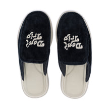 Load image into Gallery viewer, F&amp;E x Lusso Cloud Esto navy slipper with white Don&#39;t Trip embroidery on white background, top view - Free &amp; Easy
